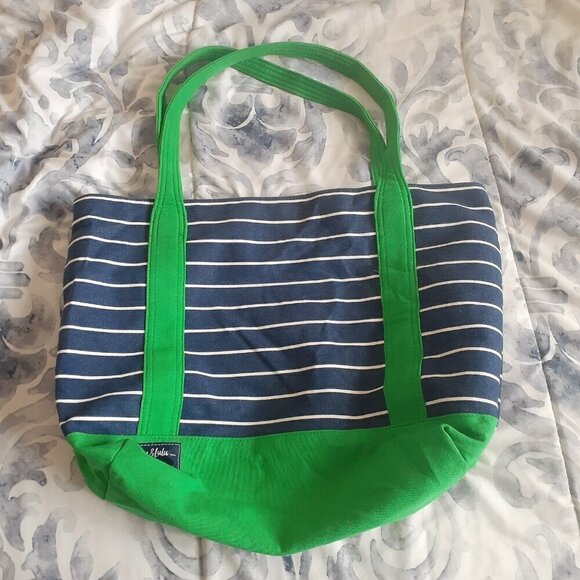 Ame & Lulu Charles River Navy White Stripe Kelly Green New Englander Tote Bag - Picture 3 of 14